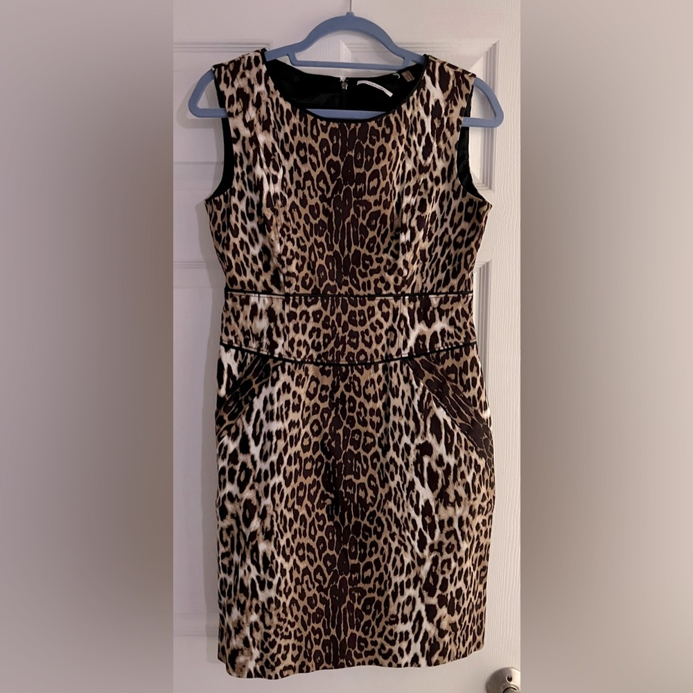 T. Tahari “Janine” Midi Leopard Sheath with Pockets